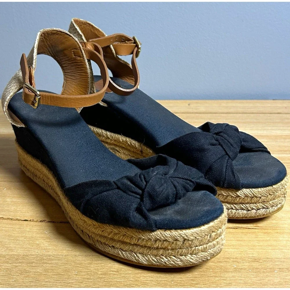 Tory Burch Black Royal Tan Knotted Bow Fabric Buckle Espadrille Wedge Sandals
